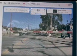 Tesla на «автопилоте» FSD протаранила шлагбаум железнодорожного переезда — видео